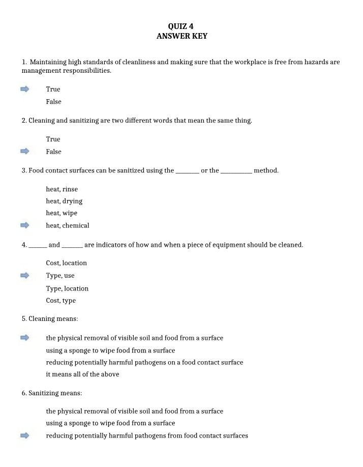 Workplace Cleanliness and Safety - Quiz 4 Key