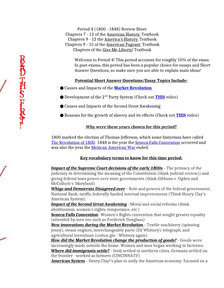 Period 4 Review Sheet and Essay Topics (1800-1848)