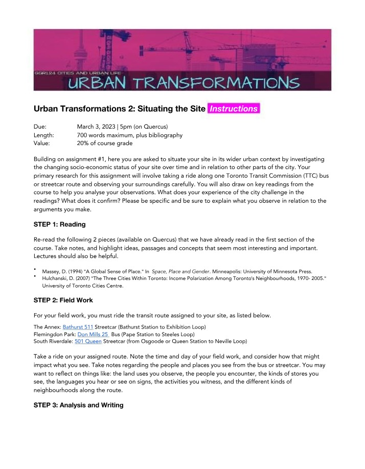 Assignment Instructions for Urban Transformations 2