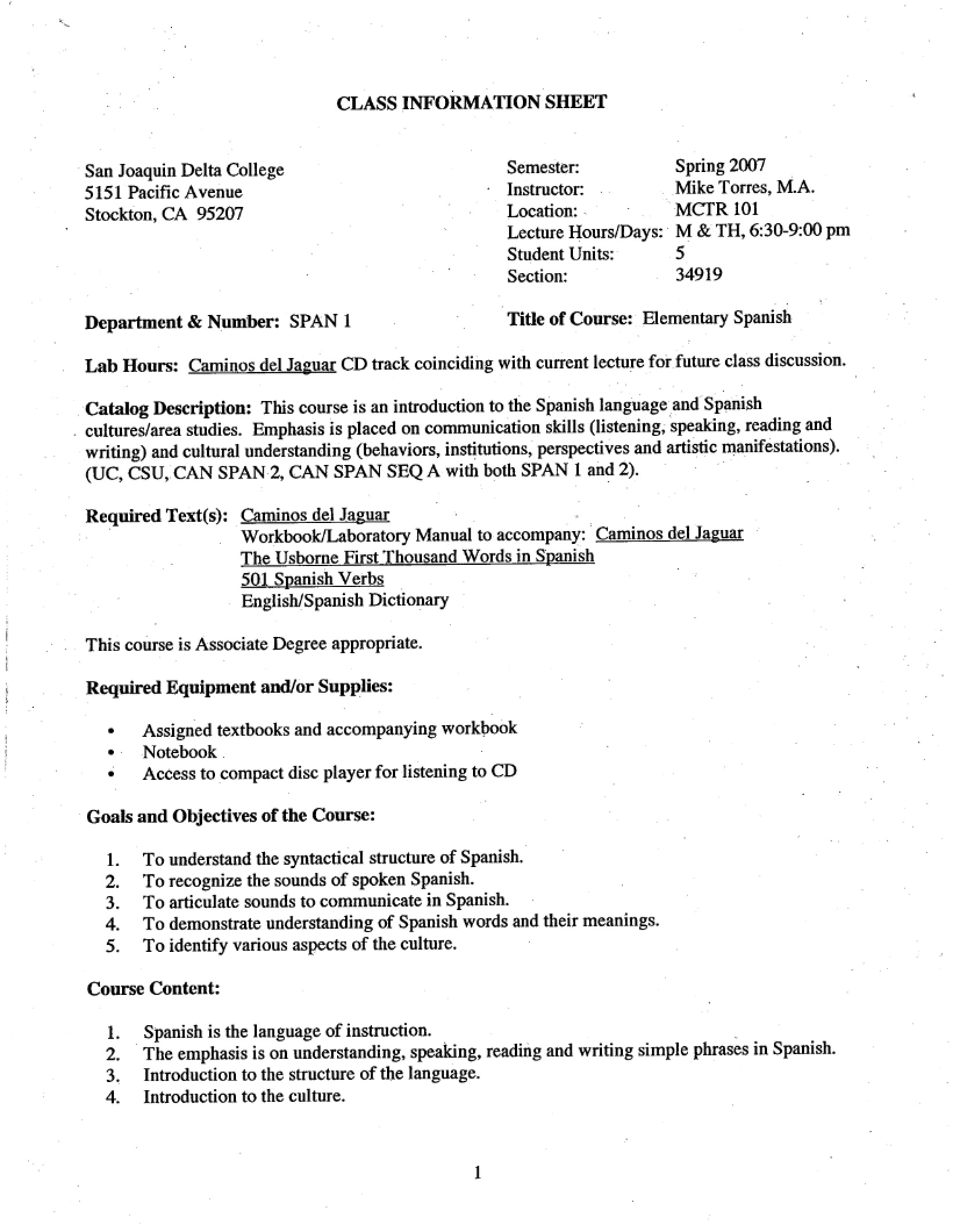Spanish 1 Course Information