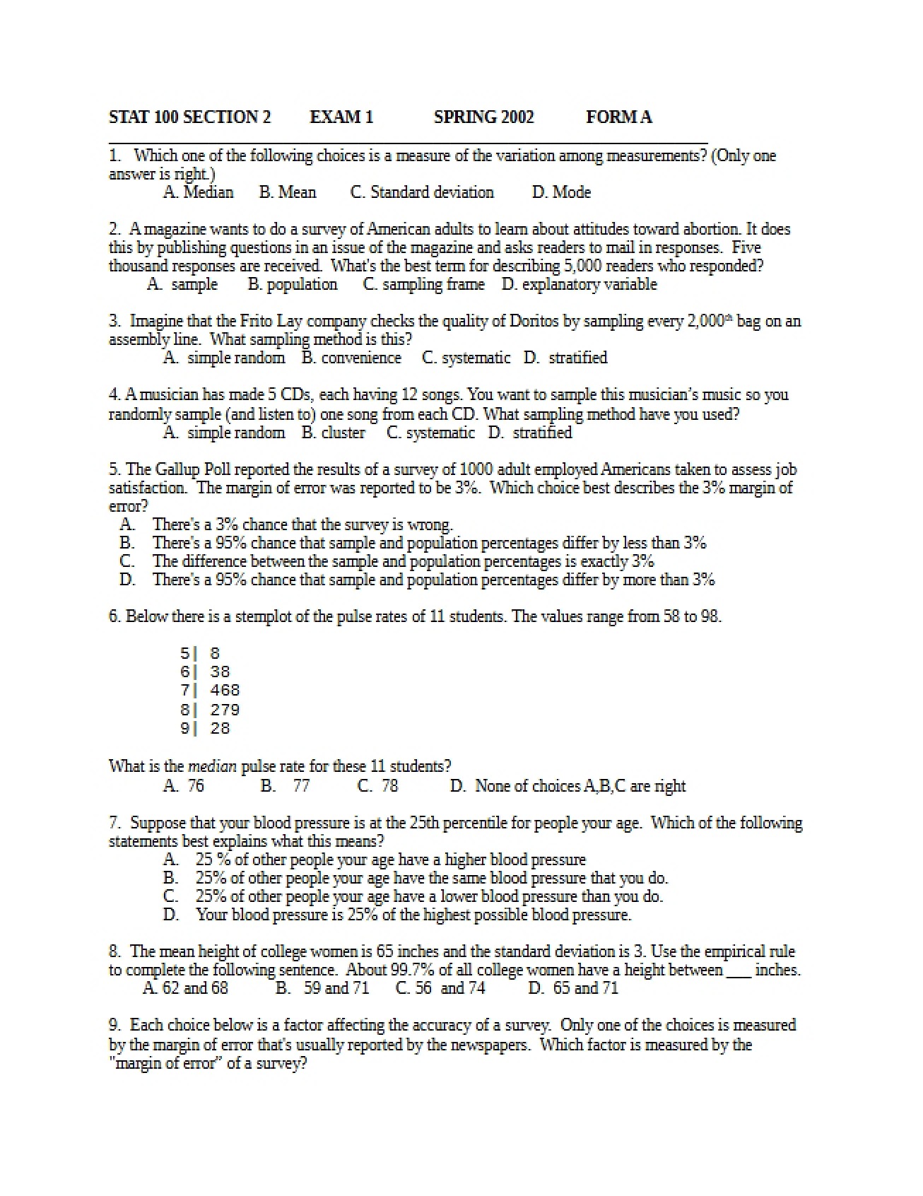 Stat 100 Exam 1