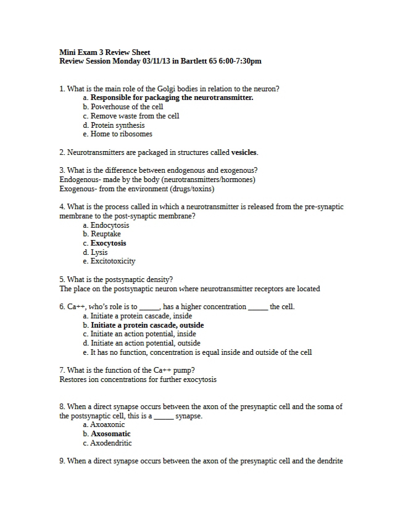 Review Sheet for Mini Exam Three