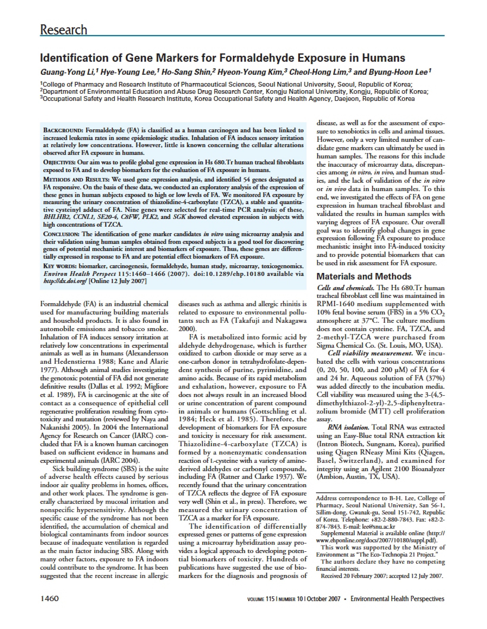 Human Formaldehyde Exposure Identifying Gene Markers