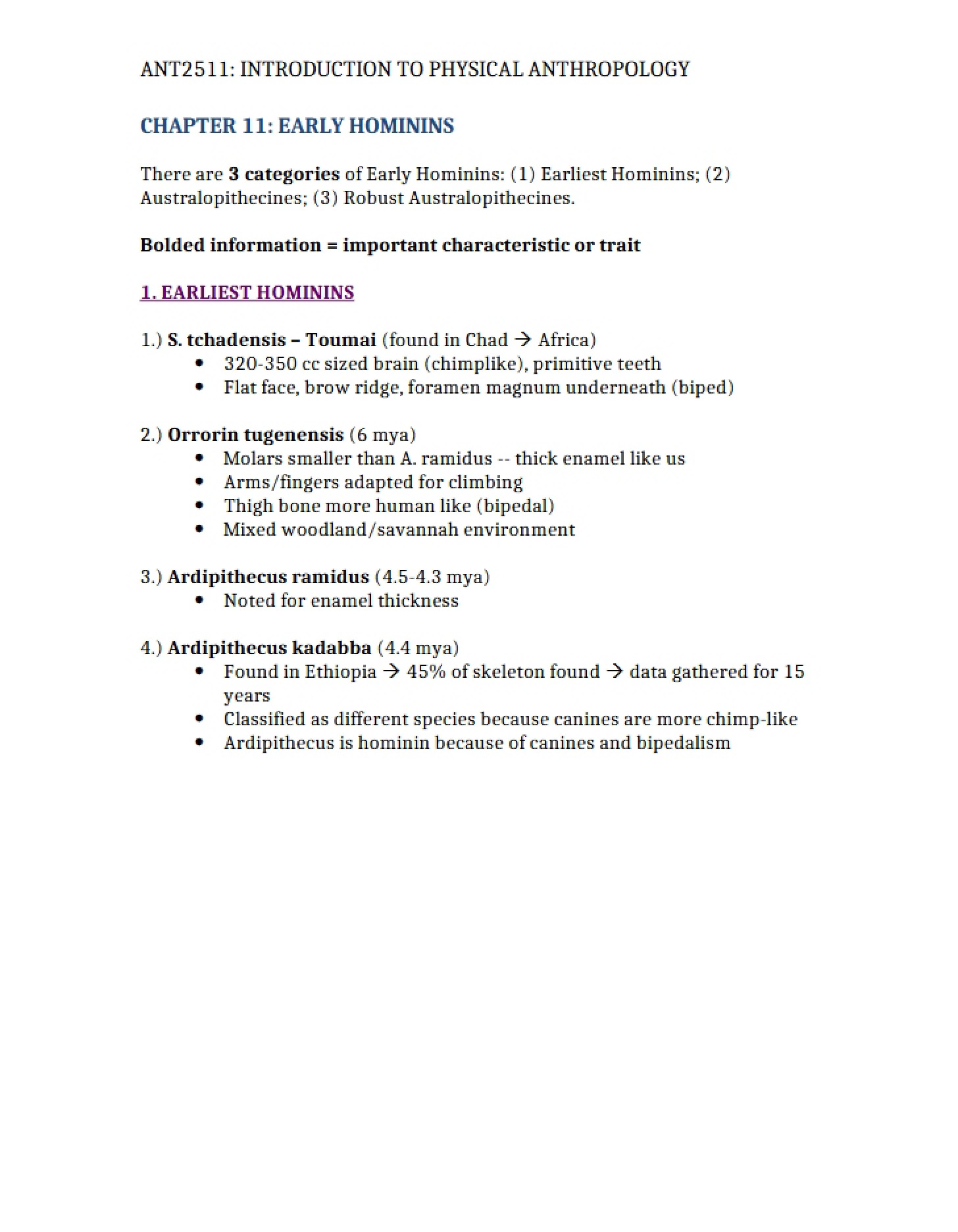 PALEONTOLOGY EARLY HOMININS (CH 11)