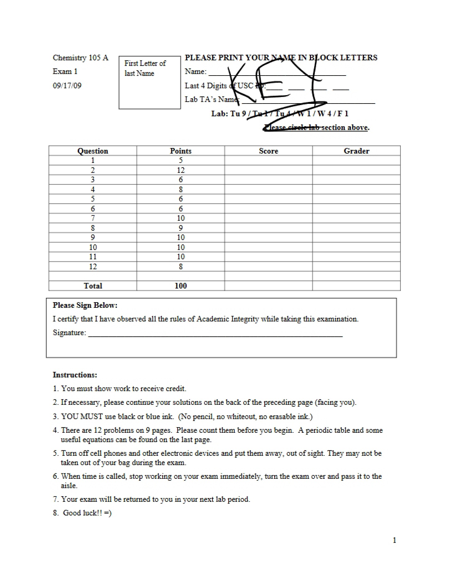 Exam 1 Key Fall 2009 (105a)