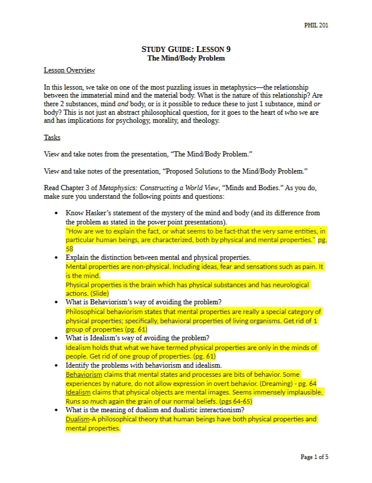Ninth Lesson Study Guide for Philosophy