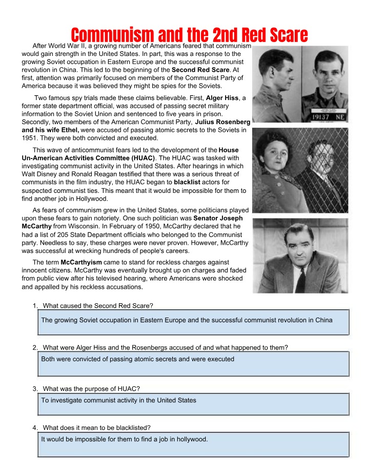 Worksheet on the 2nd Red Scare