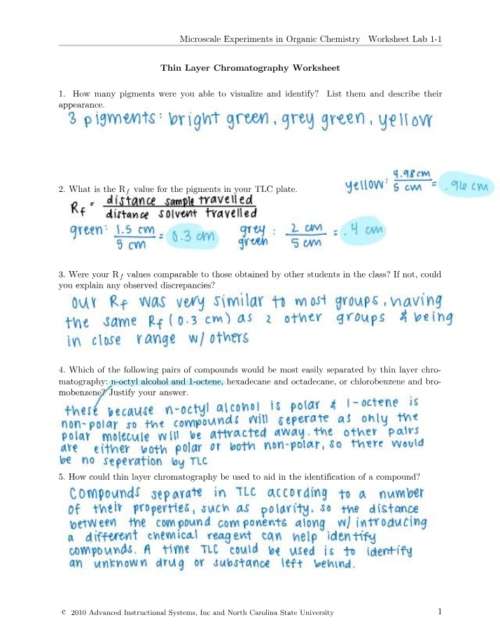 Worksheet for Thin Layer Chromatography