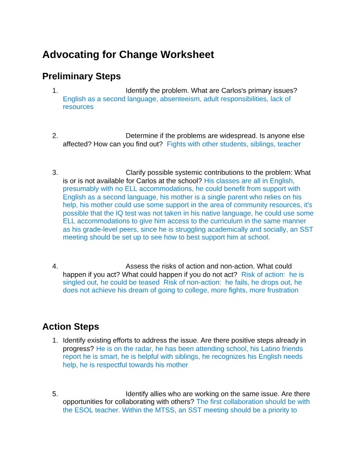 Worksheet on Advocating for Change