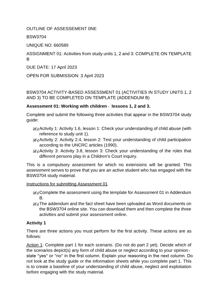 Working with Children - BSW3704 Activity-Based Assessment 01