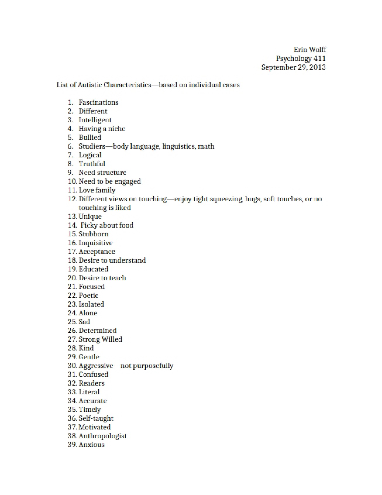 Wolff Individual Autistic Characteristics