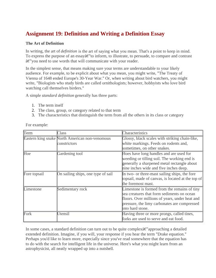Assignment 19 - Writing a Definition Essay