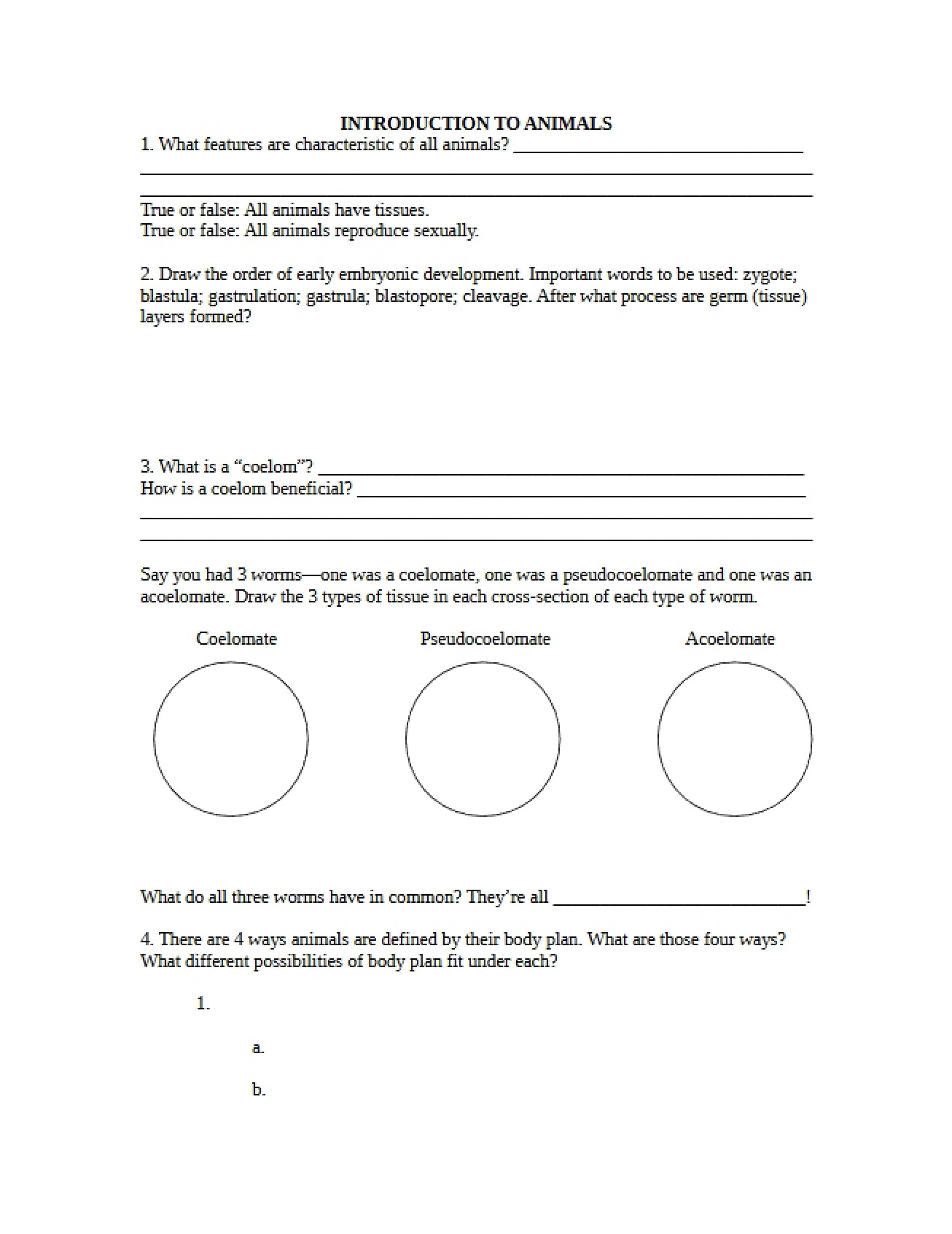 Practice Worksheet for the Biology I Course