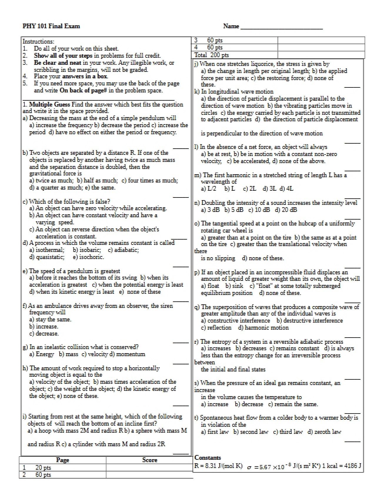 Final Exam Physics 101