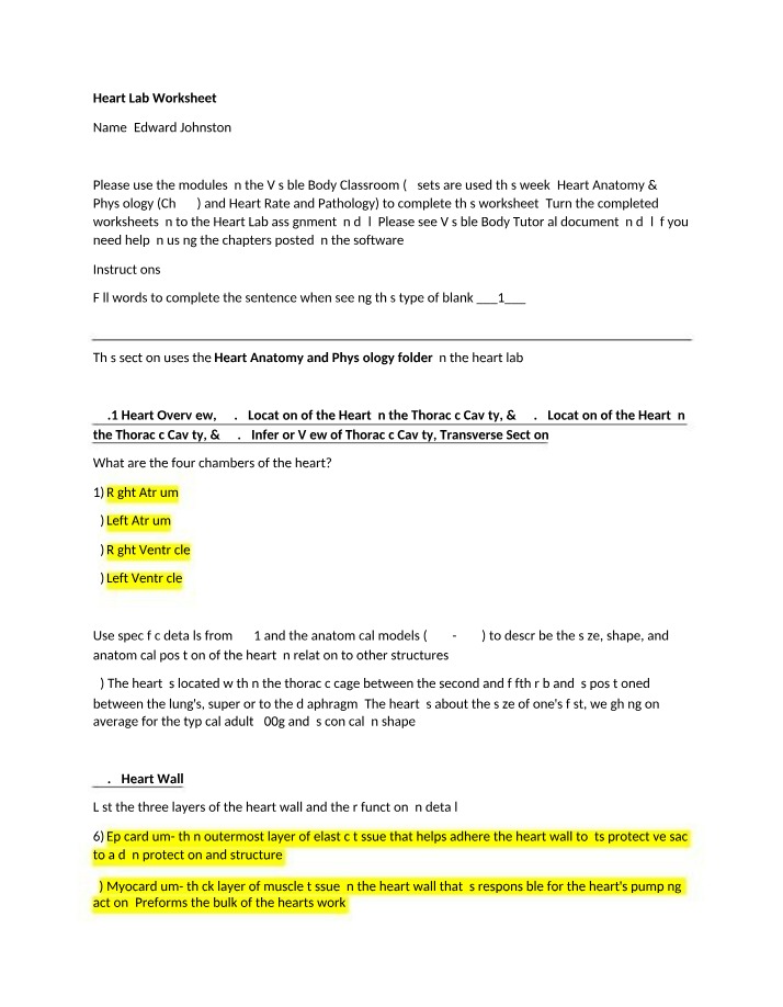 Worksheet for Heart Lab