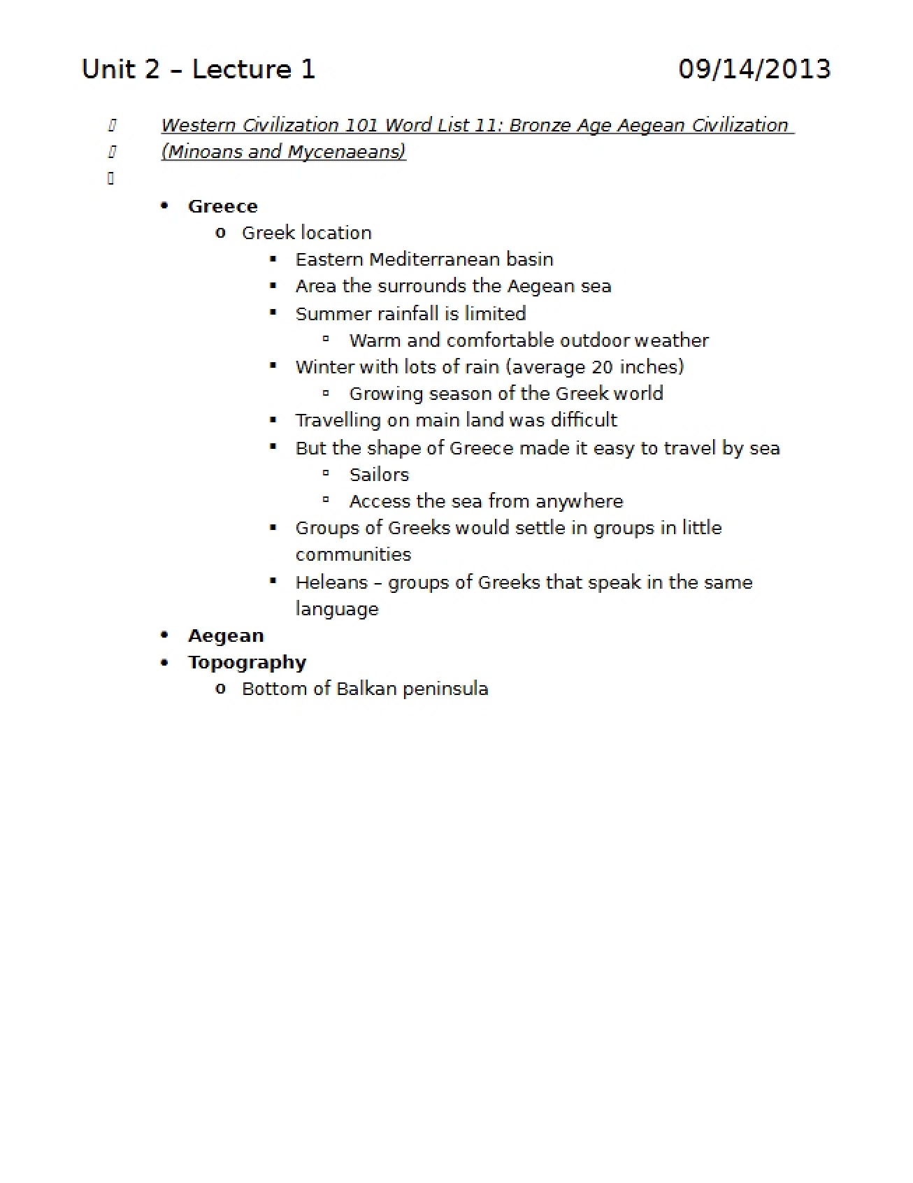 First Lecture of the Second Unit in a Western Civilization to 1500 Course