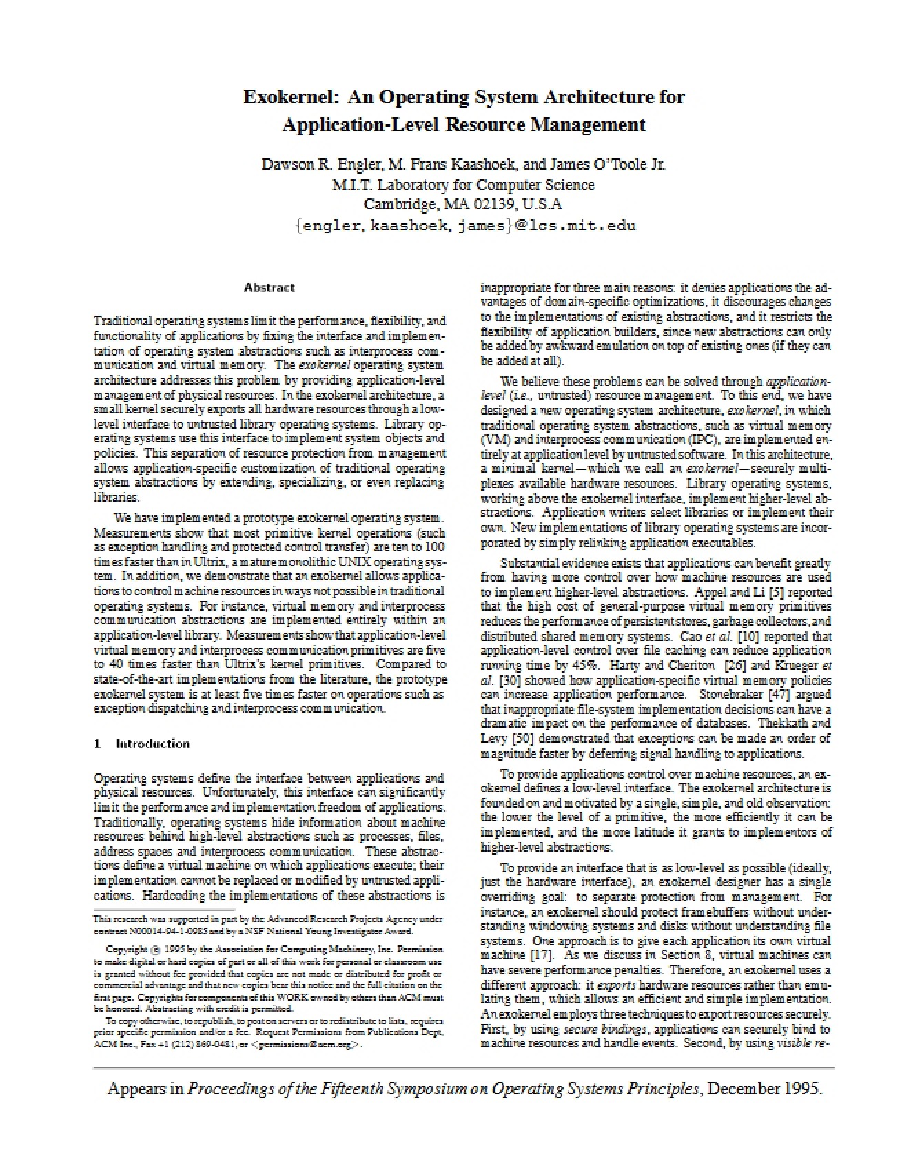 Application-Level Resource Management Exokernel Architecture
