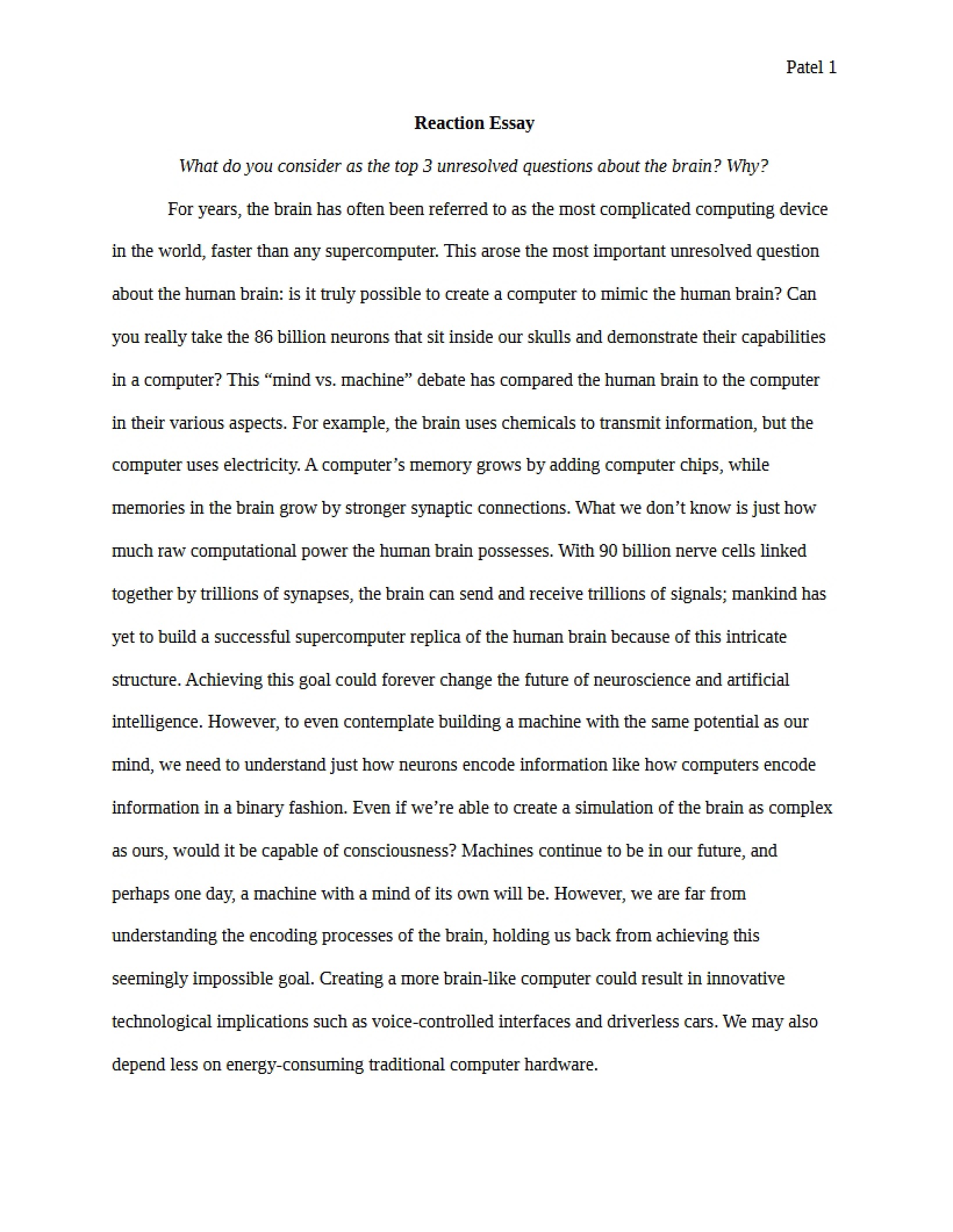Reaction Essay for Psych 230