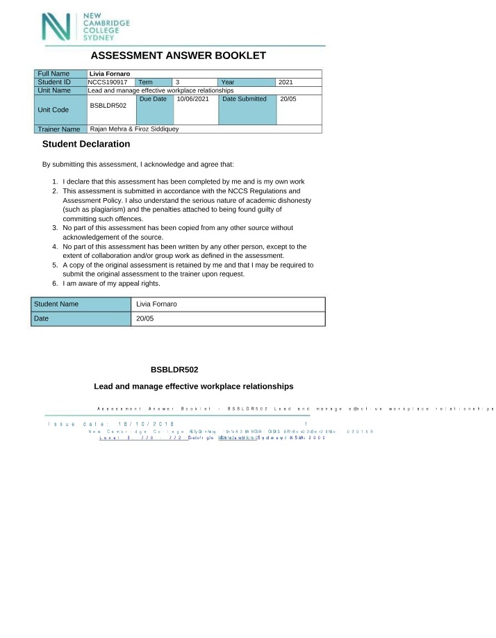BSBLDR502 - Assessment Task 2