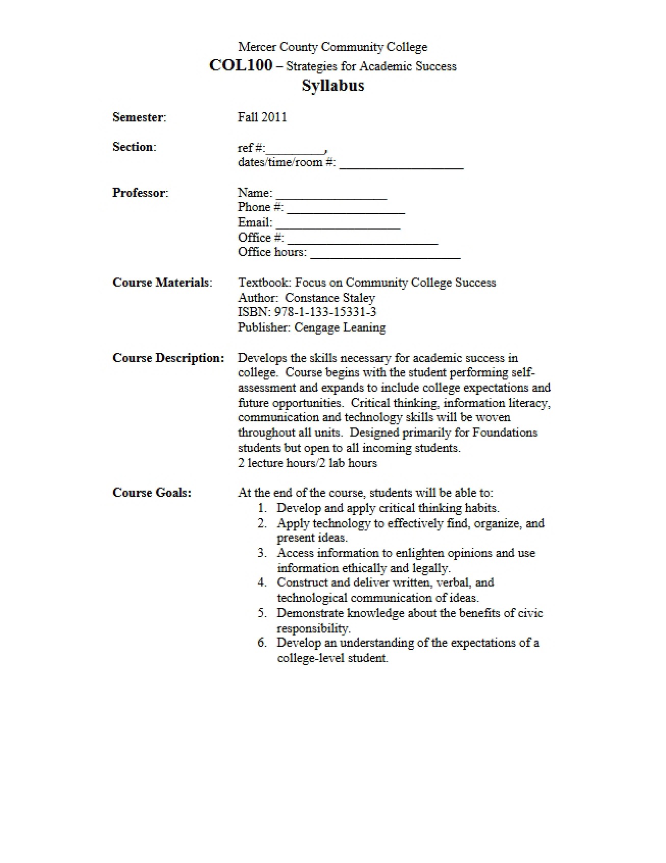 Syllabus for Academic Success Strategies