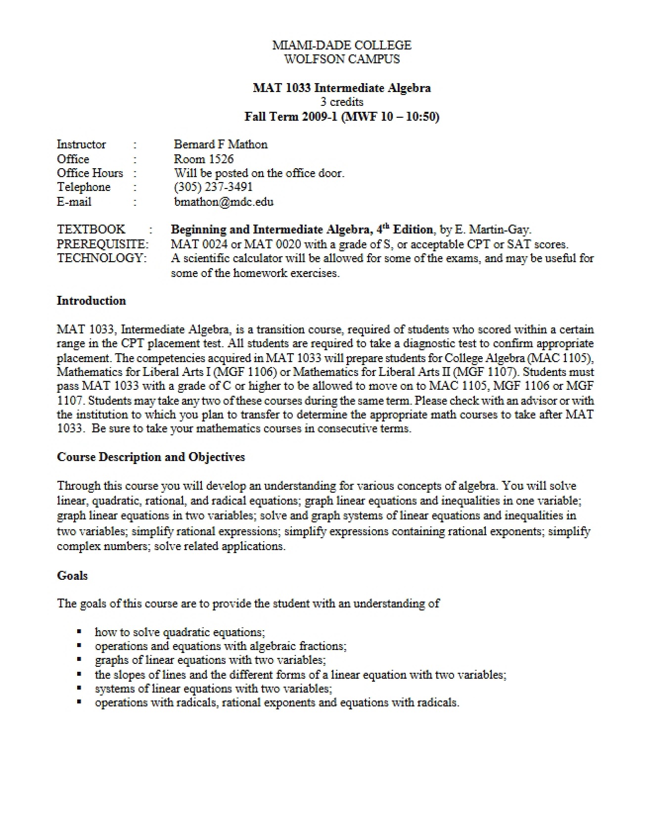 Intermediate Algebra Syllabus
