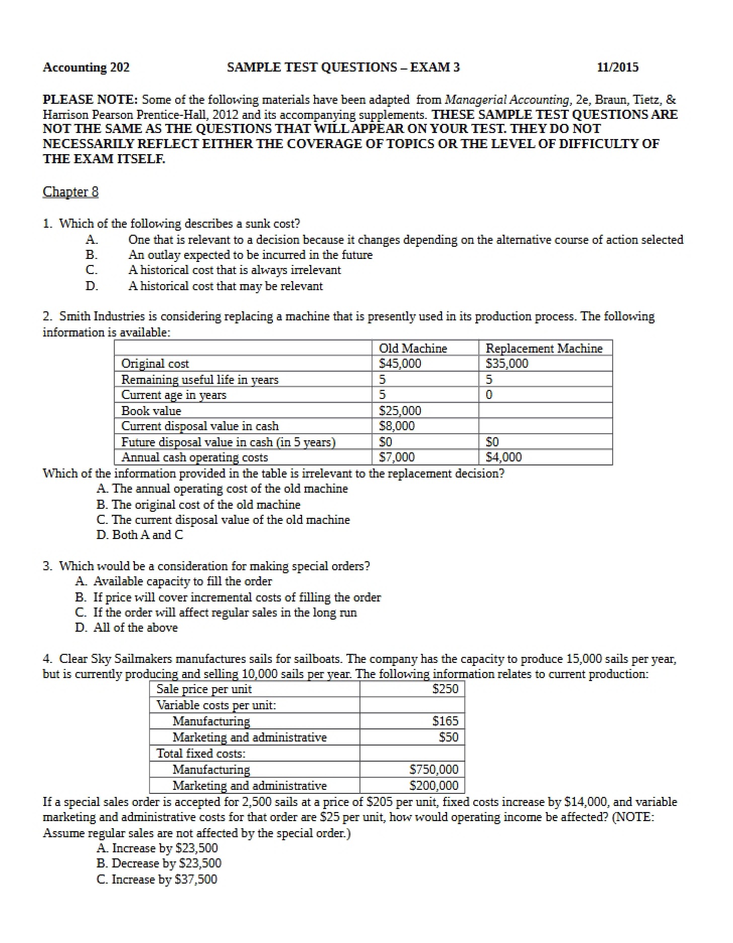 Sample Questions for Exam Three
