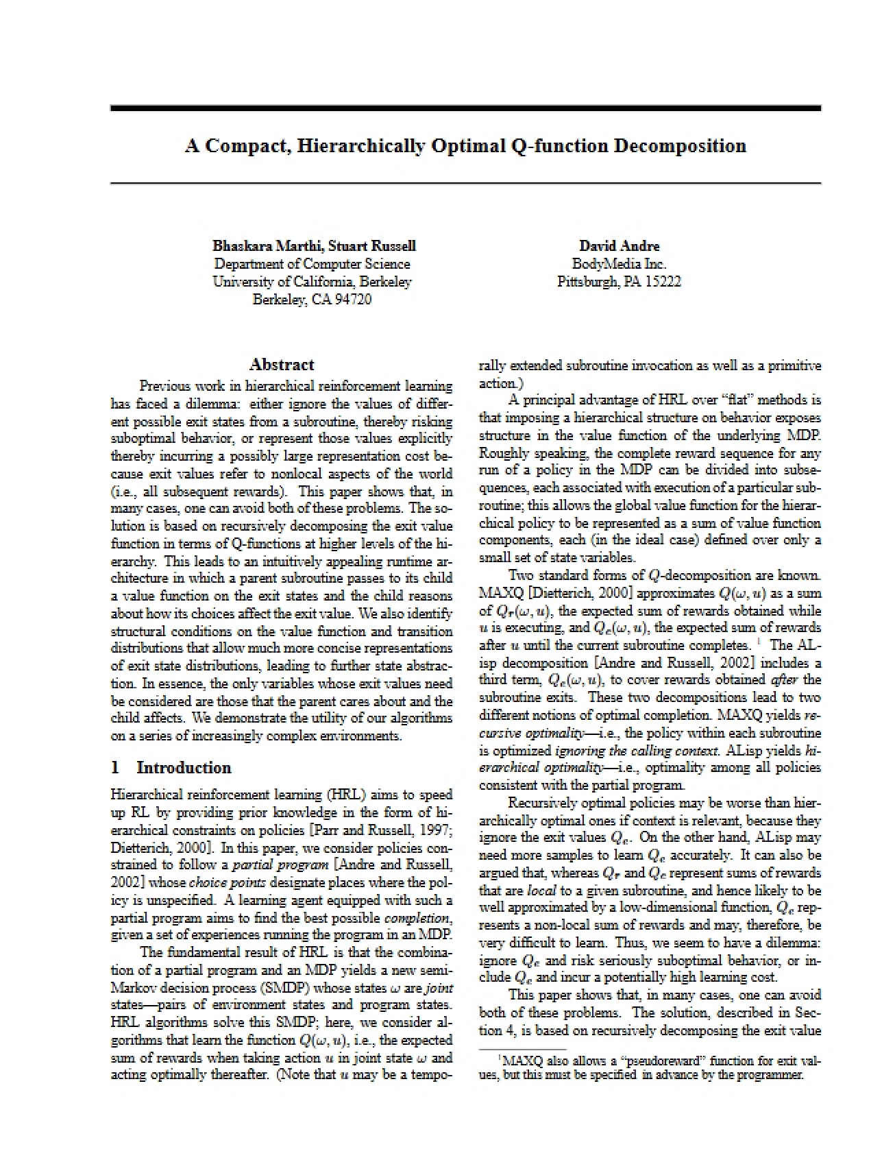 Compact and Hierarchically Optimal Decomposition of the Q-function