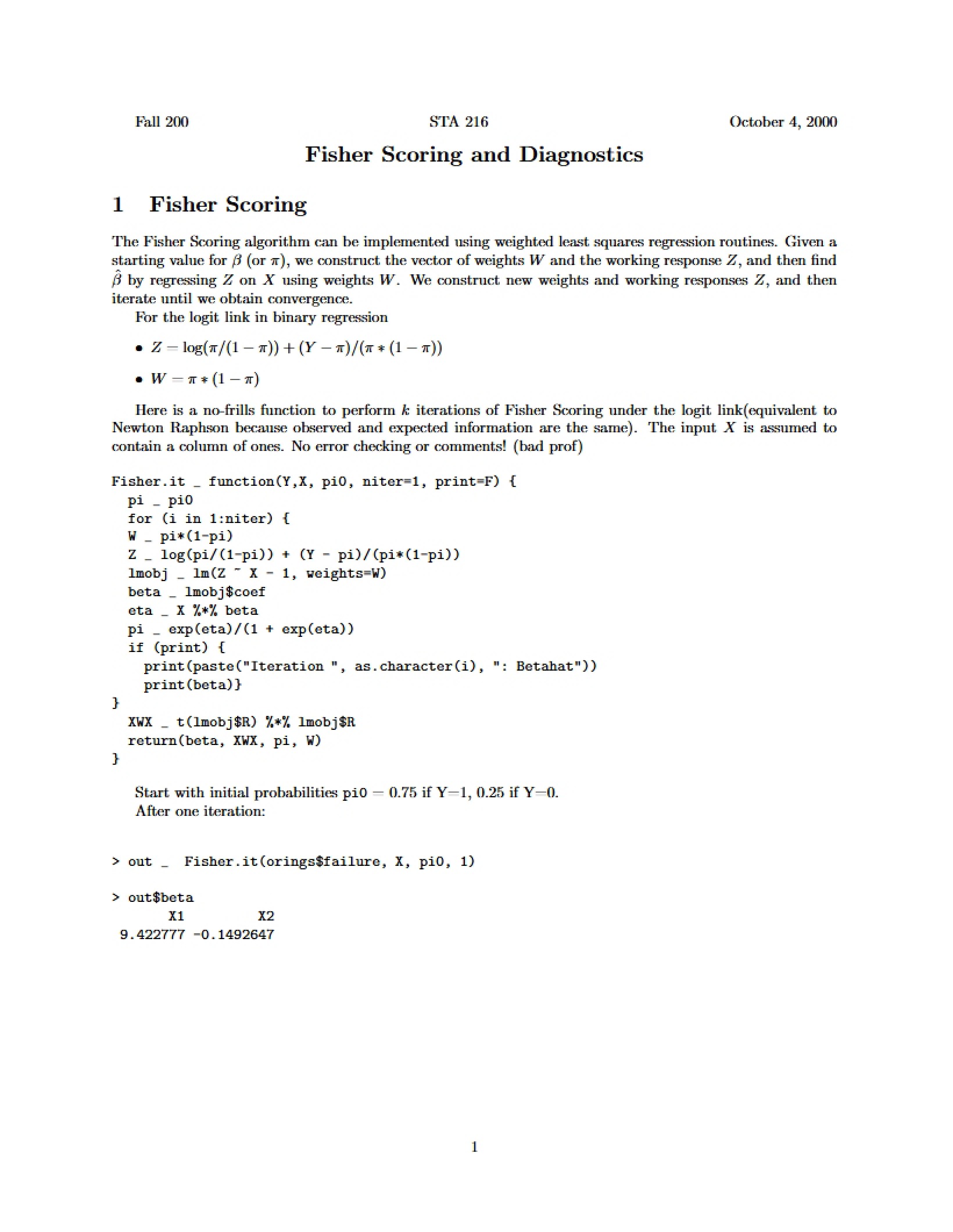 Diagnostics and Fisher Scoring