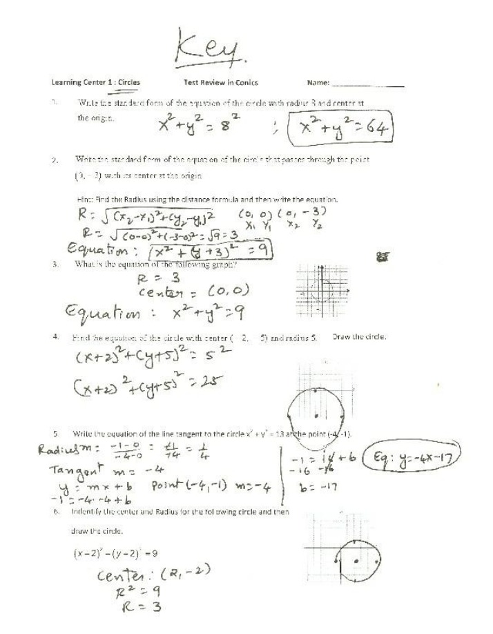 Circles Test Review - Equations, Tangents, and Graphs of Conics