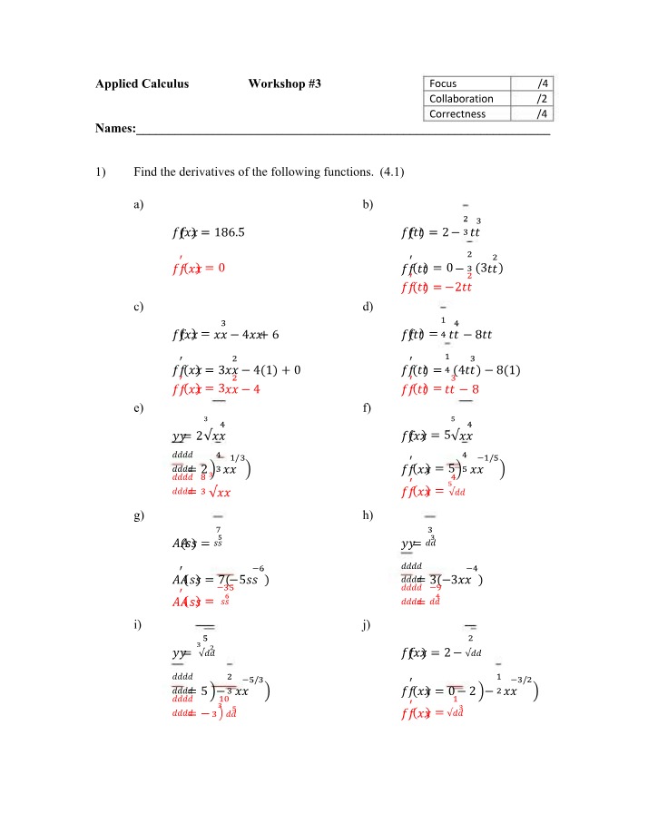 Solutions for Applied Calculus Workshop 3 and 4