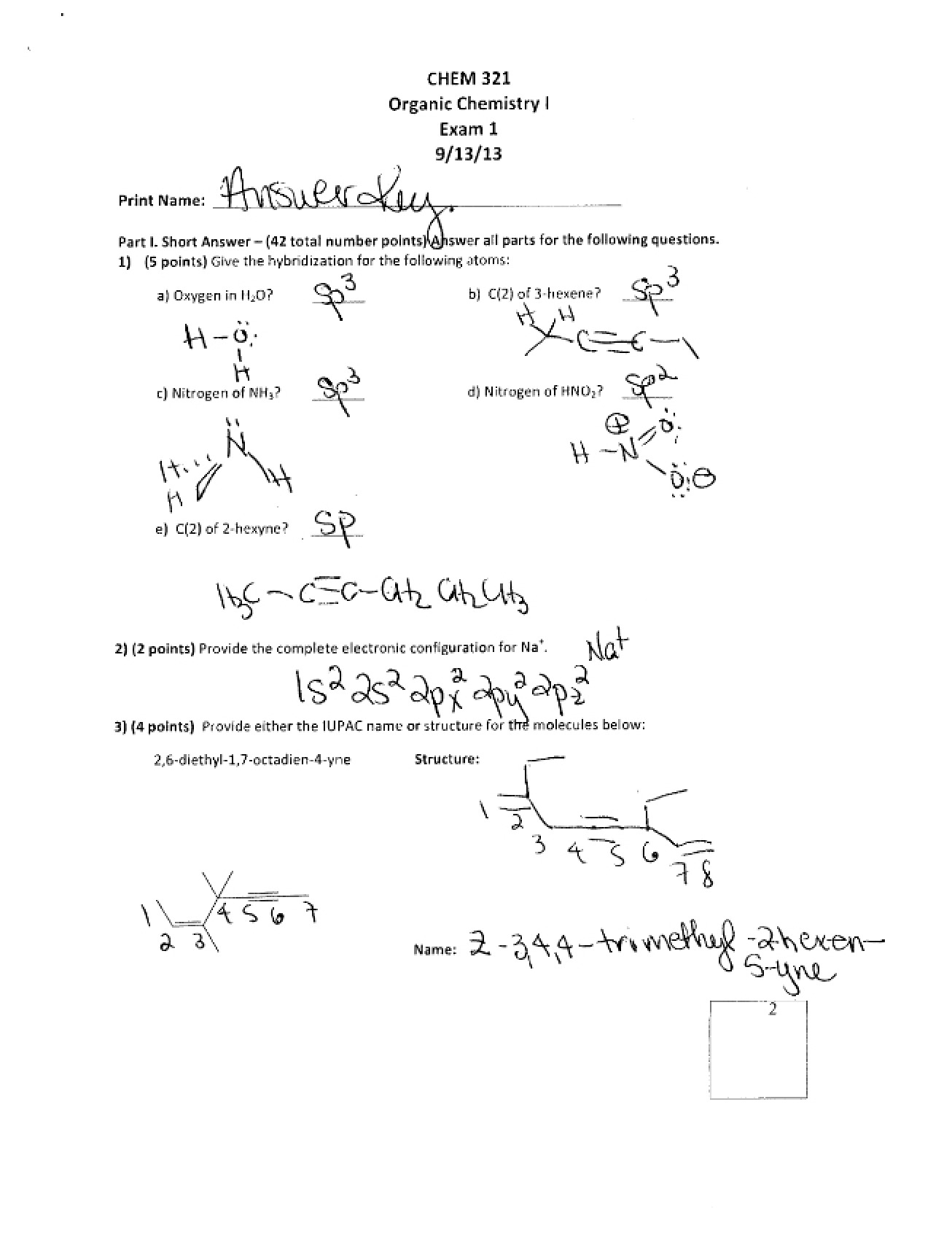 Organic Chemistry I - Exam 1 Solutions (2013)