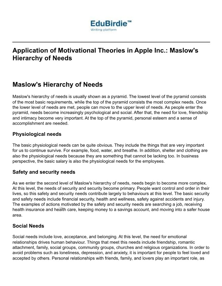 Maslow's Hierarchy of Needs - Applying Motivational Theories at Apple Inc