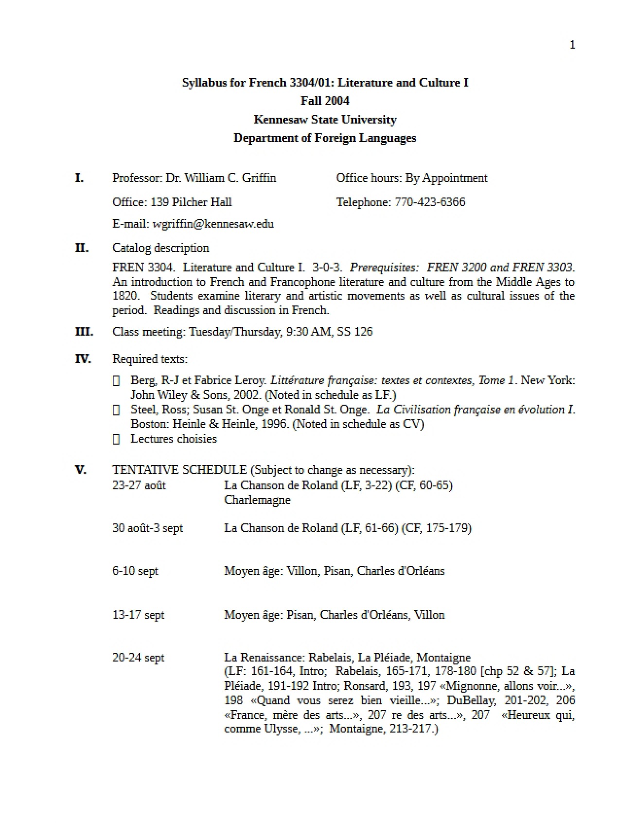Course Outline for French Literature and Culture One - 8 Pages