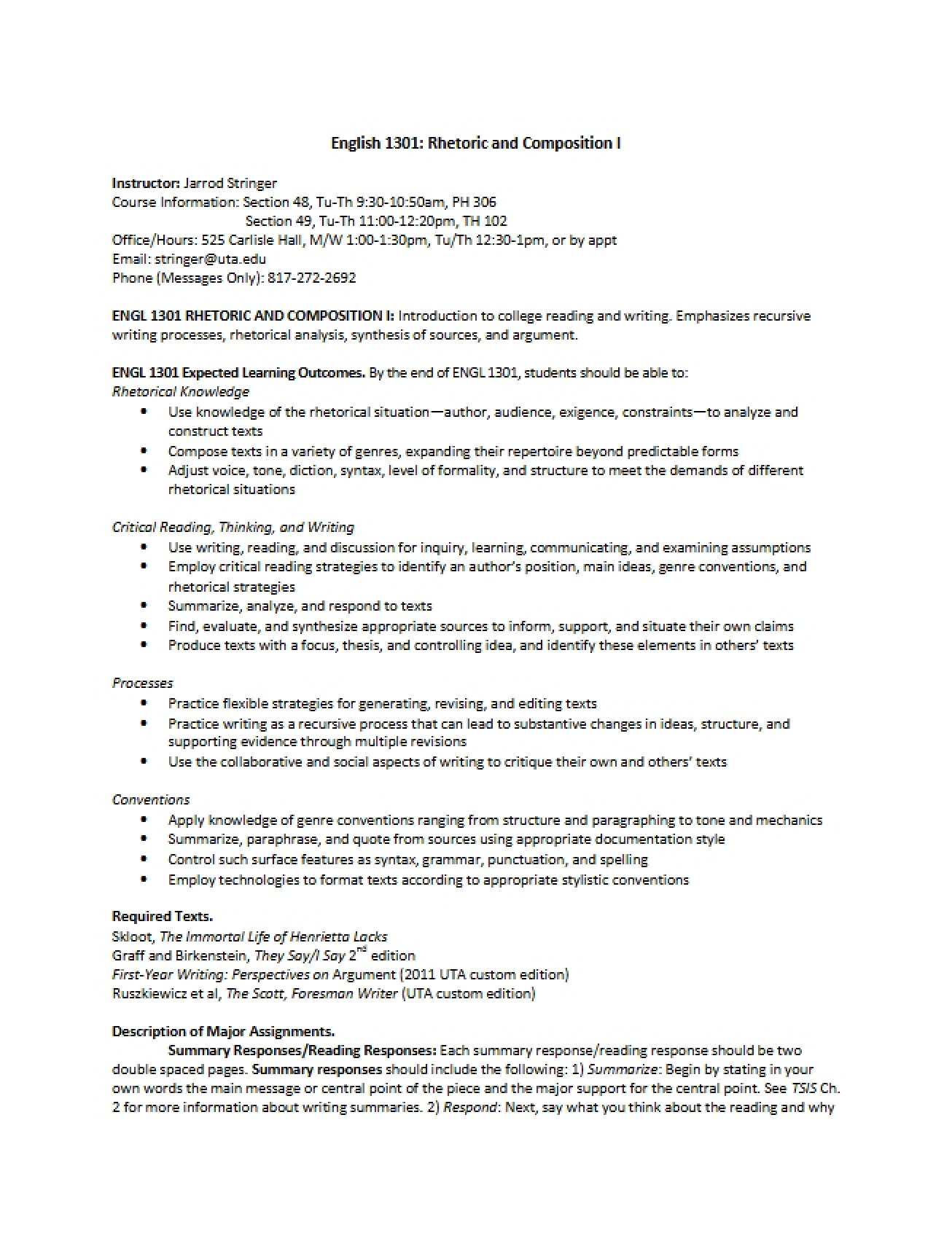 English 1301 Course Outline