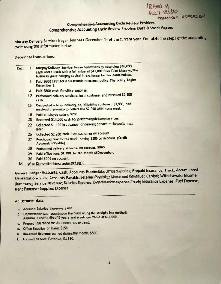 Comprehensive Accounting Cycle Review Problem for Murphy Delivery