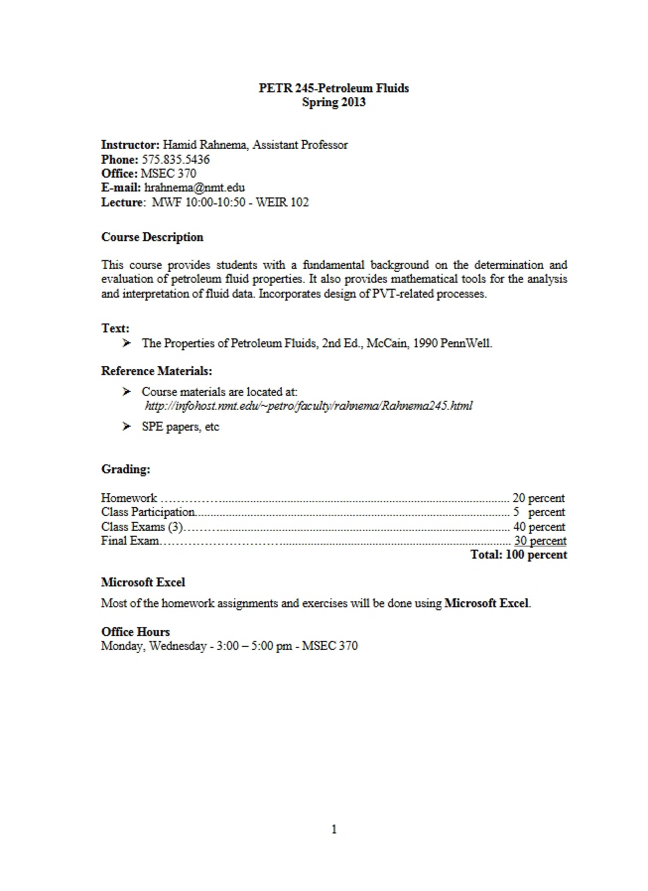 Course Outline for PETR 245 (Spring 2013)