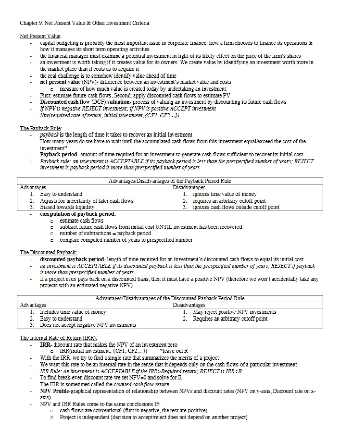 NPV Net Present Value (Chapter 9)