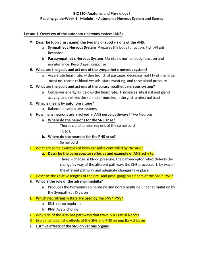 Reading Guide Autonomic Nervous System and Senses Module 7 BIO110
