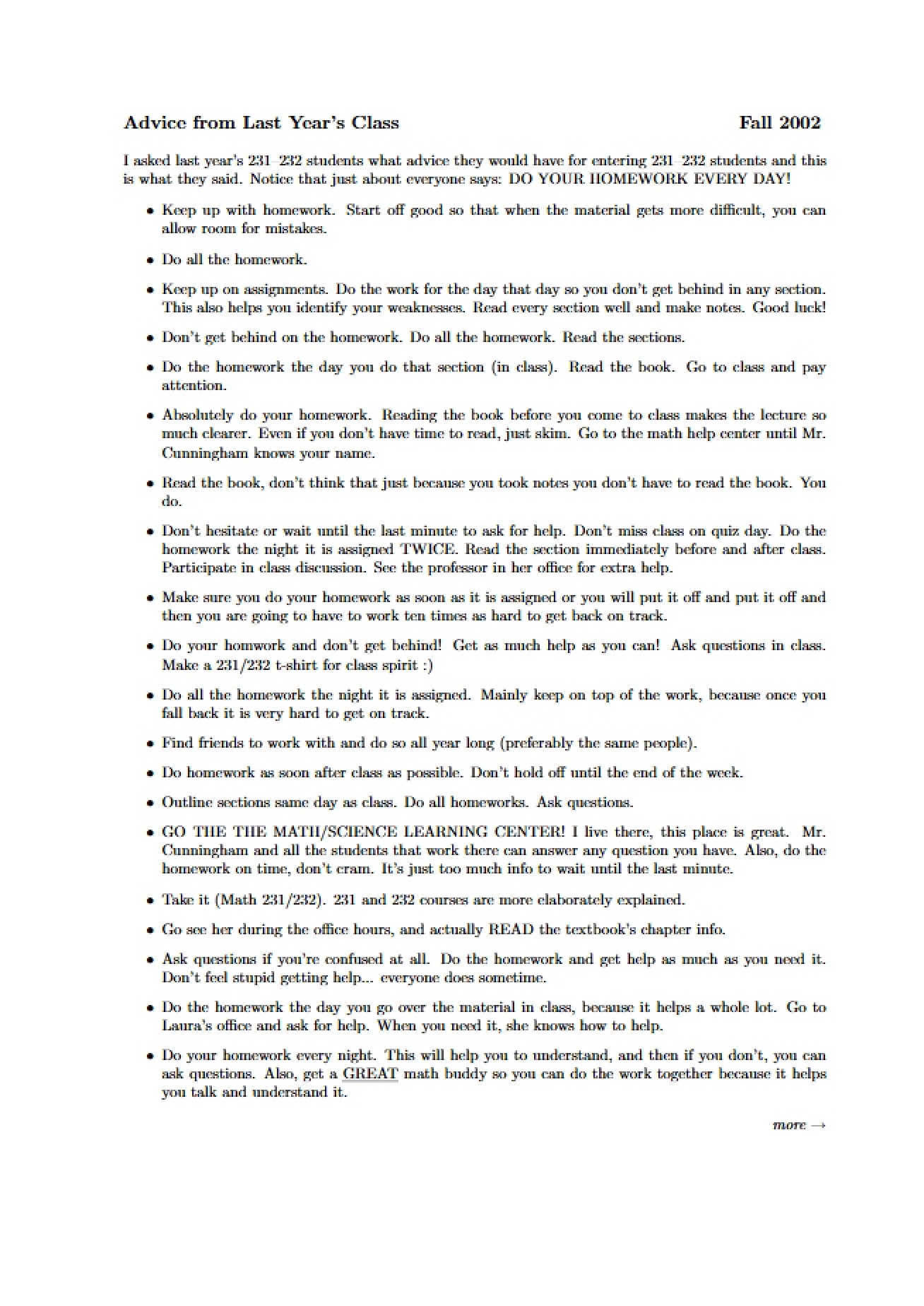 Set of Advice for Students in a Calculus with Functions Course