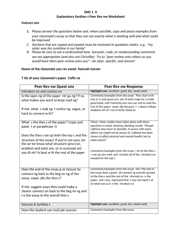 Caffeine - Explanatory Synthesis Peer Review Worksheet