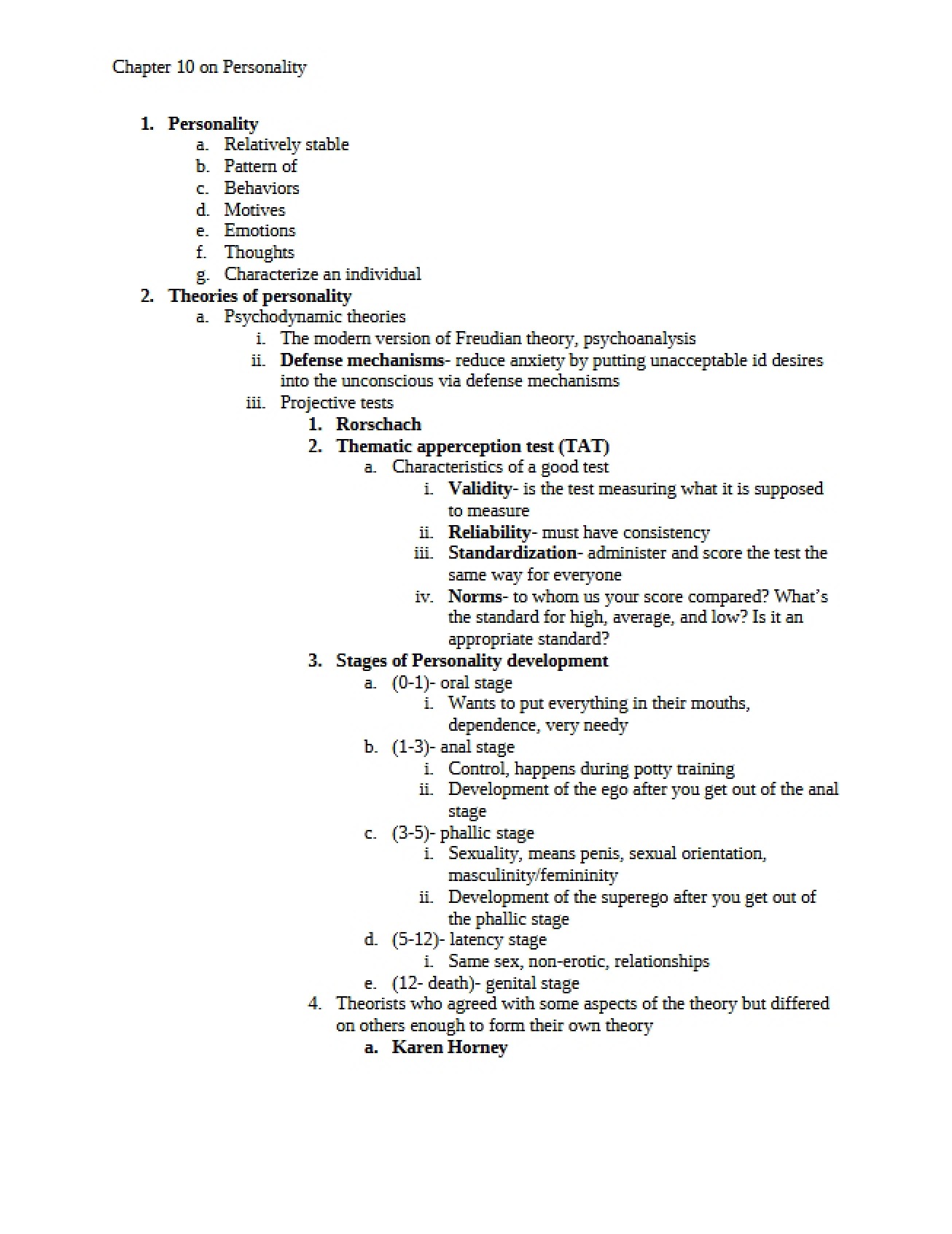 Tenth Chapter Notes on Personality