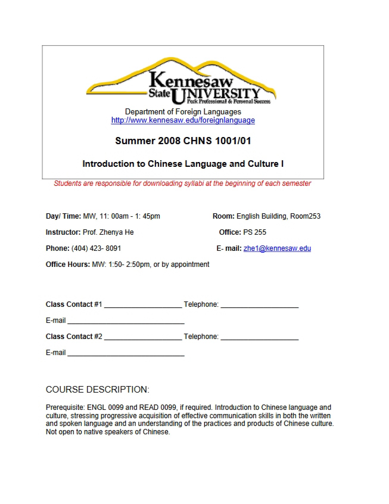 Syllabus for a Course on Introduction to Chinese Language and Culture - 5 Pages