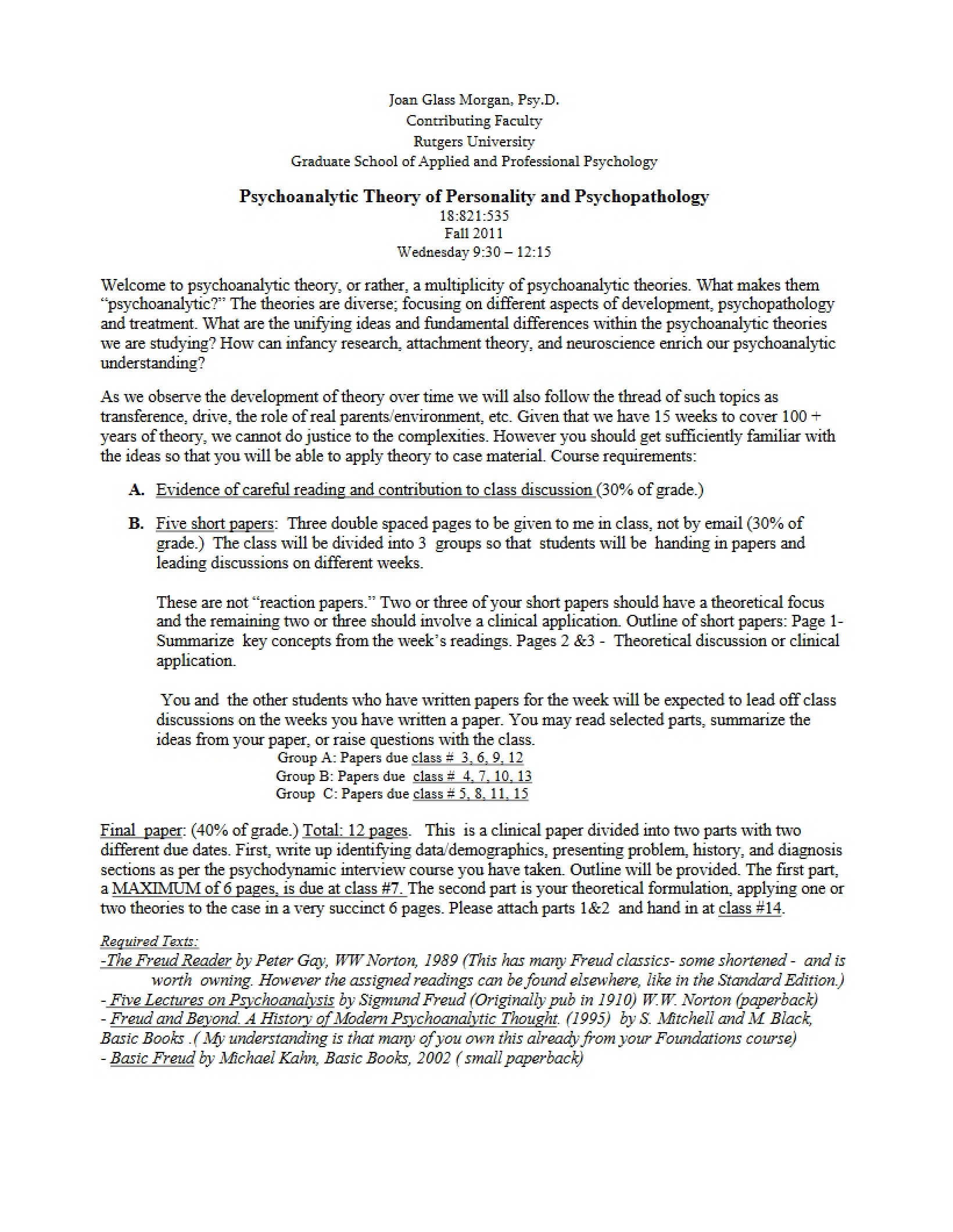Psychopathology and Personality Psychoanalytic Theory