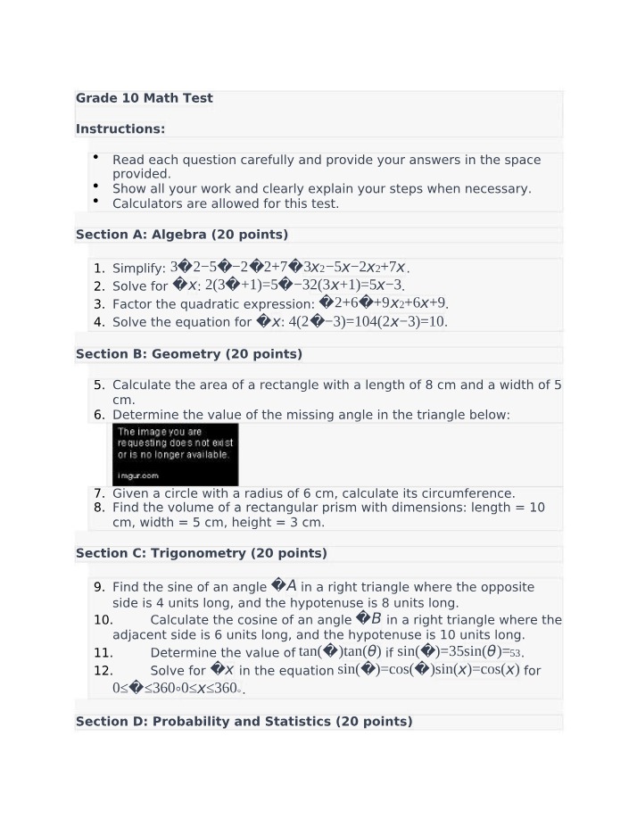 Math Test for Grade 10