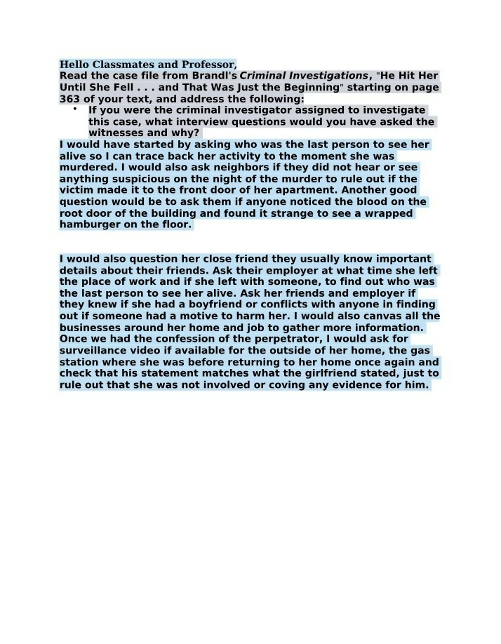Criminal Investigations Case Study Analysis - Week 3 DQ 10