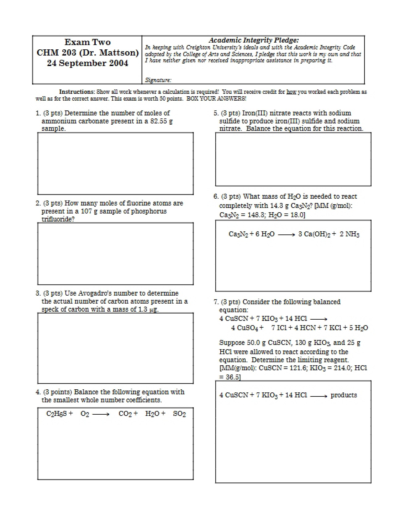 Exam for First General Chemistry Course