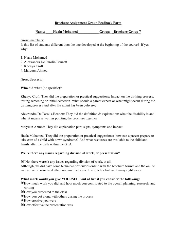 Group Feedback Form - Brochure Assignment