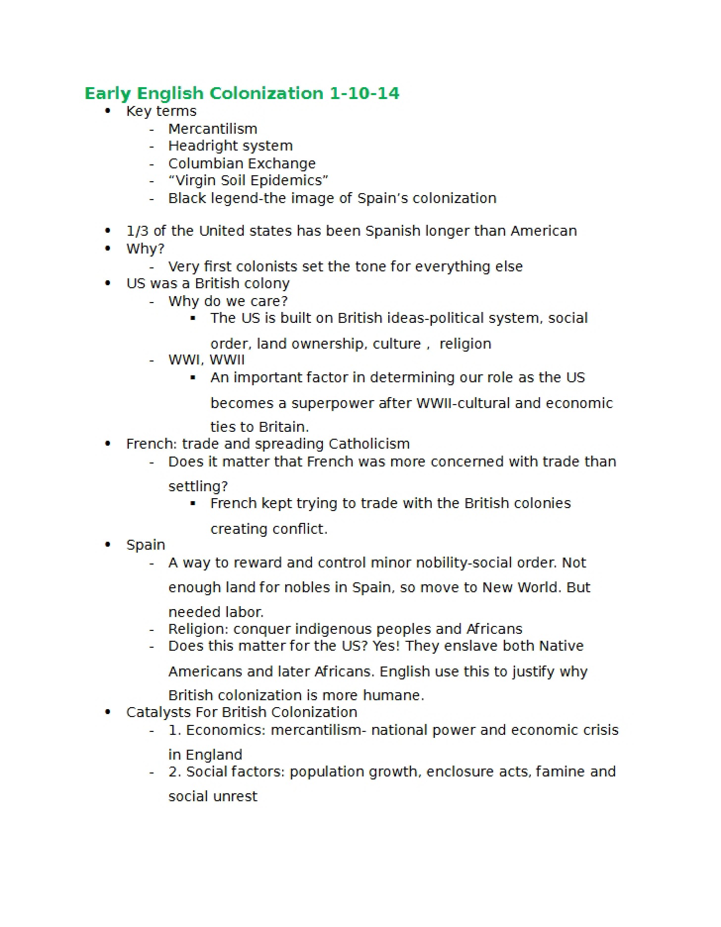 Notes on Early English Colonization (Jan 10 and 13, 2014)