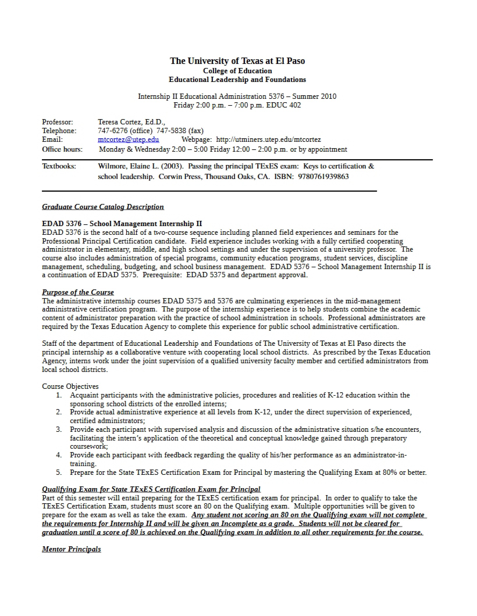 School Management Internship II Syllabus - 5 Pages