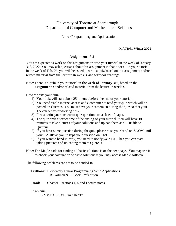 MATB61 Assignment 3 and Quiz